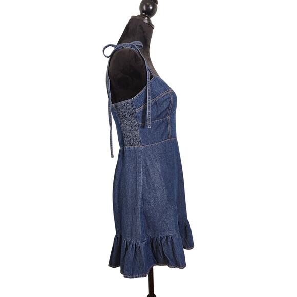 DAY + MOON NWT Denim Mini Dress with Ruffle Hem, Size Large - Picture 3 of 14